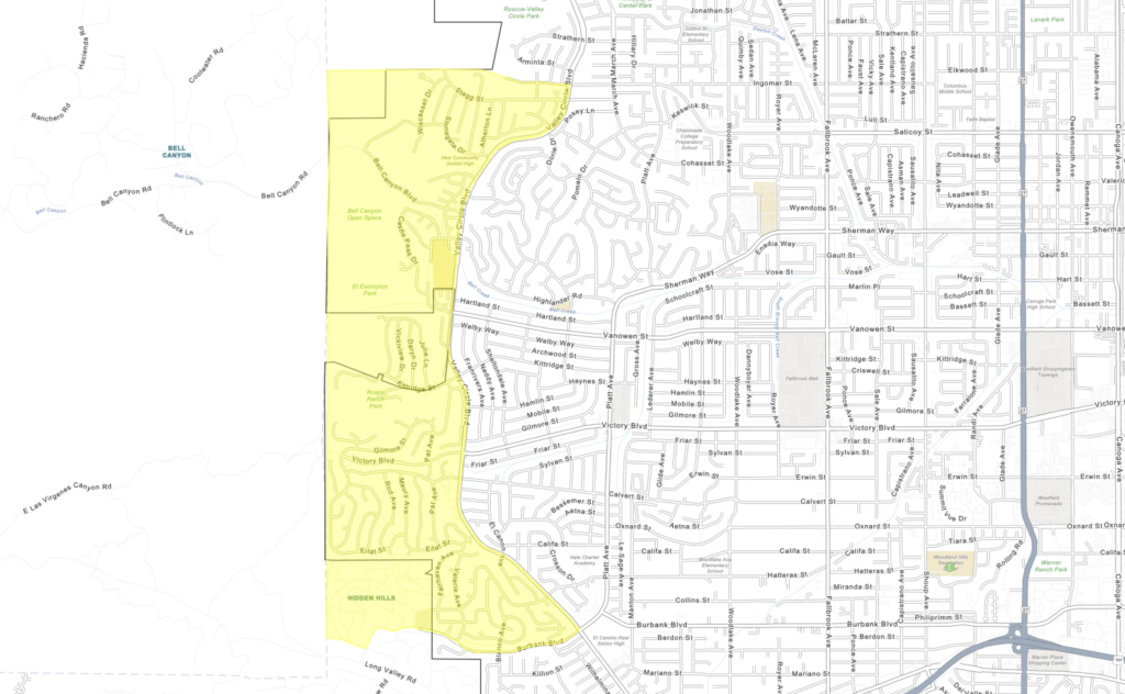 Map of evacuation zones for the Kenneth Fire which broke out Thursday afternoon in West Hills. Yellow marks areas under evacuation warning.
(Courtesy LAFD)